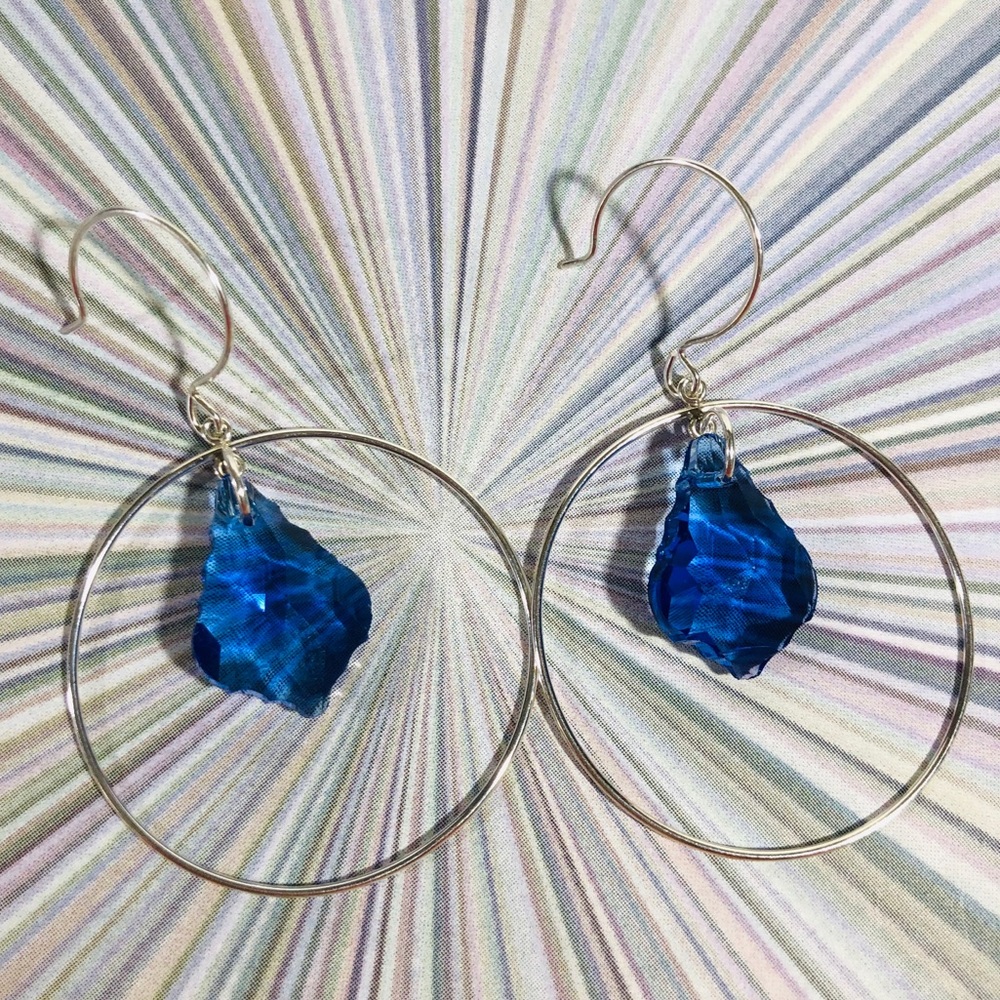 OOAK Blue Swarovski Crystal sterling hoop earrings